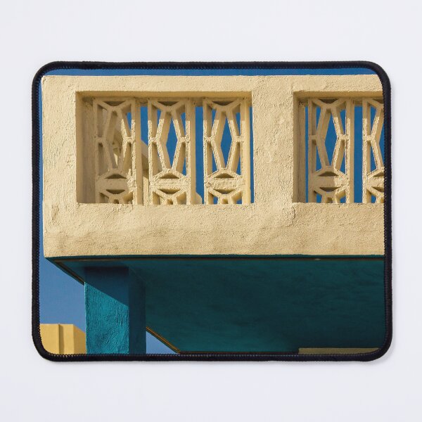 Item preview, Architectural Concrete Balcony With Geometric Screen and Blue Pillar Against Clear Sky designed and sold by Nmallia.