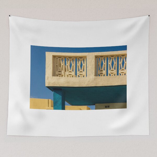 Item preview, Architectural Concrete Balcony With Geometric Screen and Blue Pillar Against Clear Sky designed and sold by Nmallia.