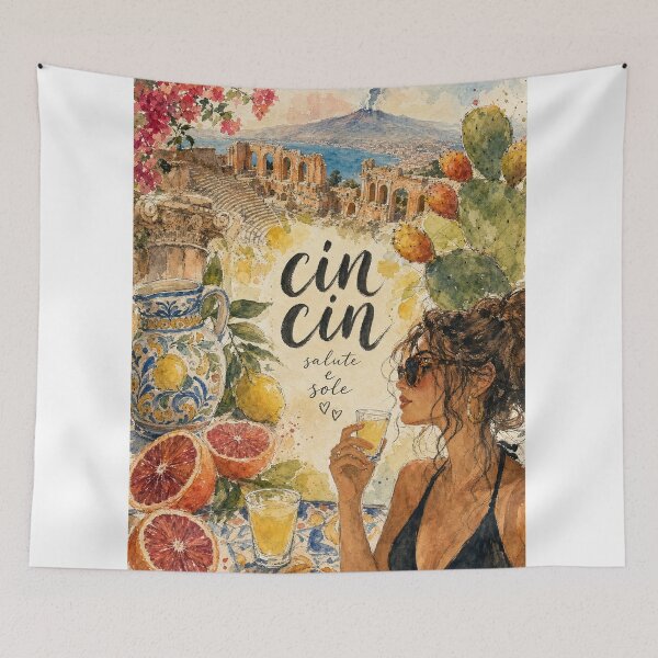 Item preview, Cin Cin - Taormina Italy Painted Watercolor Illustration designed and sold by VisualArtsOasis.