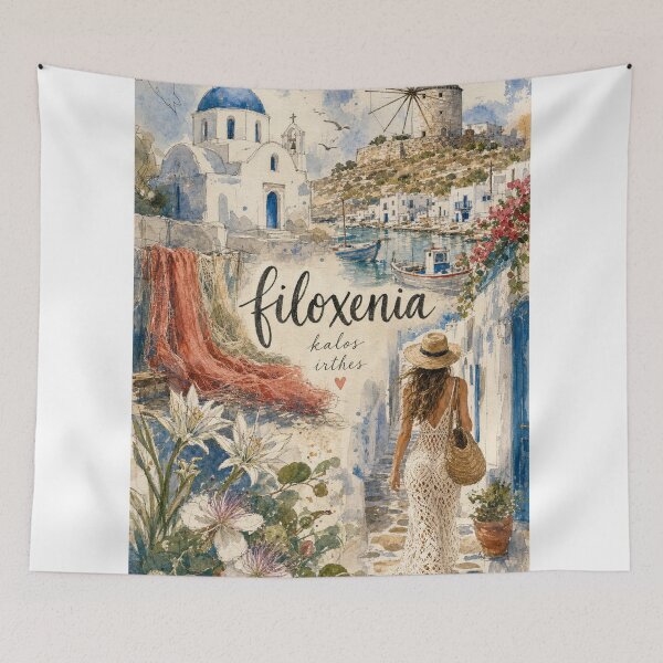 Item preview, Paros Greece Watercolor Art - Filoxenia Hand Painted Collage designed and sold by VisualArtsOasis.