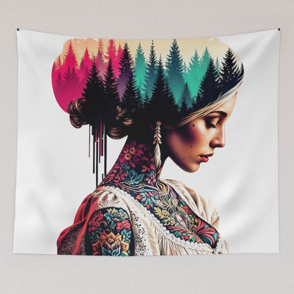 Item preview, nature portrait double exposures floral forest blonde tattoo folk digital artwork | dejco.art domin designed and sold by dejco.art.