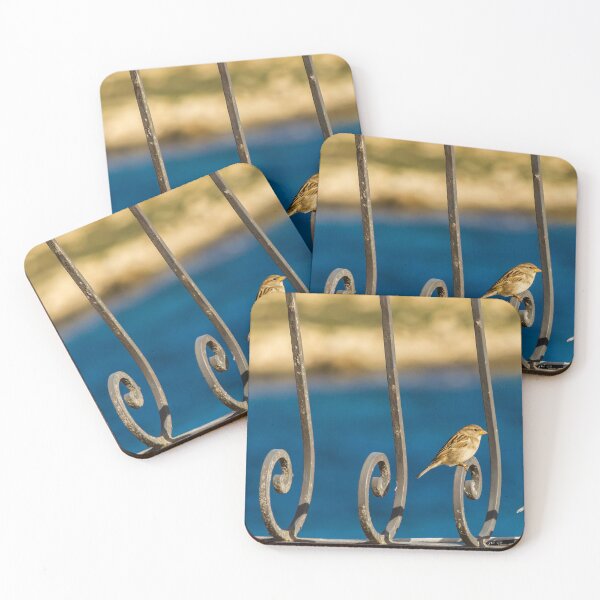 Item preview, Sparrow Perched on Decorative Metal Railing with Blue Water Background by the Coast designed and sold by Nmallia.