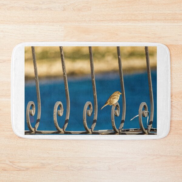 Item preview, Sparrow Perched on Decorative Metal Railing with Blue Water Background by the Coast designed and sold by Nmallia.