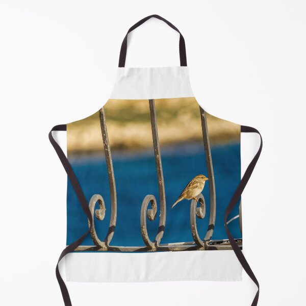 Item preview, Sparrow Perched on Decorative Metal Railing with Blue Water Background by the Coast designed and sold by Nmallia.