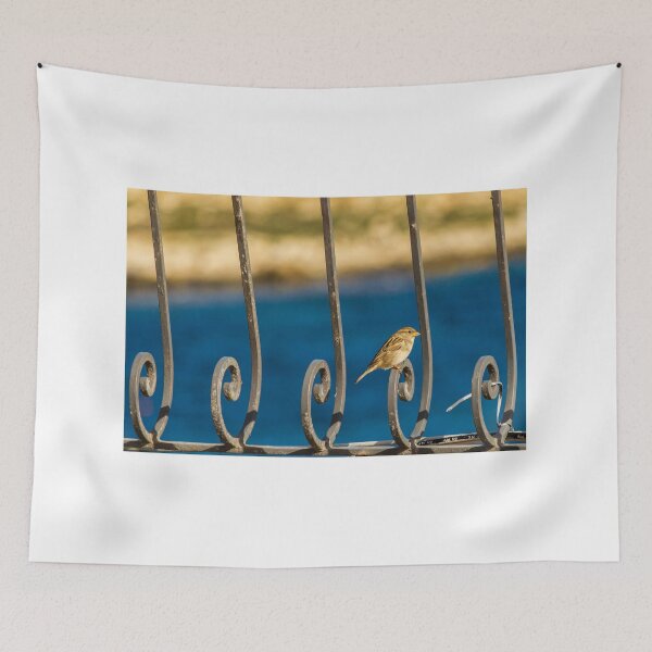 Item preview, Sparrow Perched on Decorative Metal Railing with Blue Water Background by the Coast designed and sold by Nmallia.