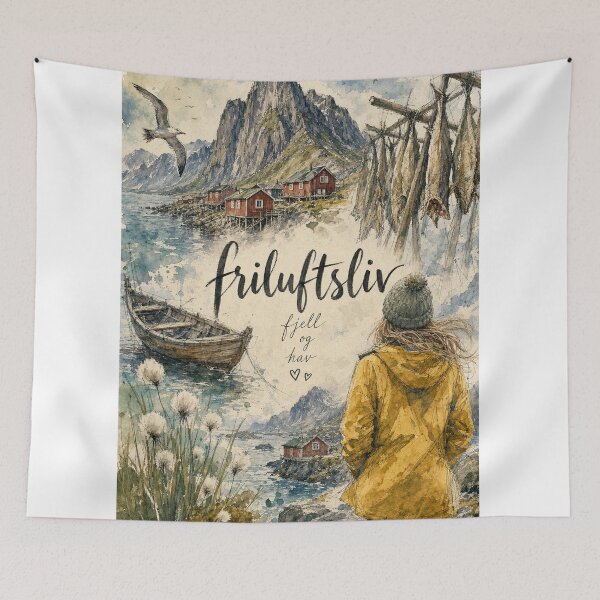 Item preview, Watercolor Lofoten Norway - Friluftsliv Travel Art Collage designed and sold by VisualArtsOasis.