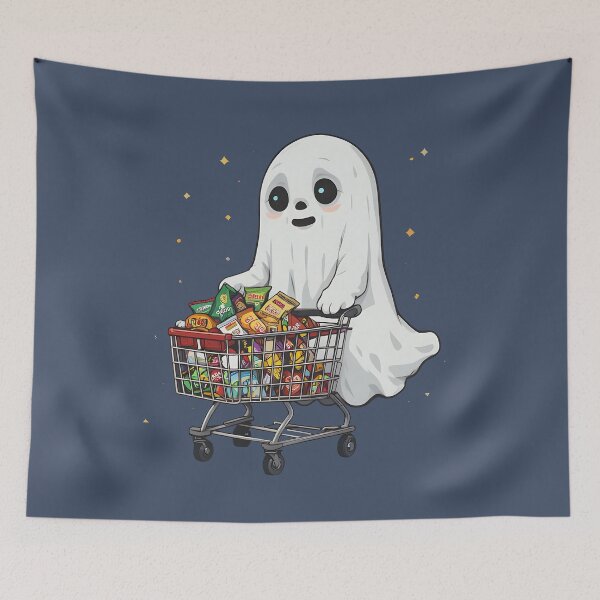 Item preview, Cute Ghost Pushing Shopping Cart Full of Snacks — Funny Halloween Spooky Art designed and sold by Amplify-n-Co.