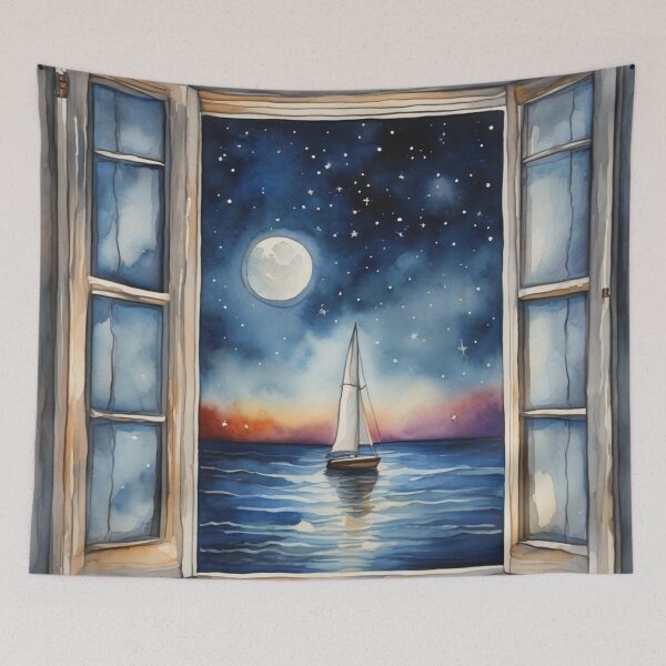 Artikelvorschau, Romantischer Meerblick aus dem Fenster, mondbeschienenes Segelboot, Aquarellkunst entworfen und verkauft von UmSkelig834.