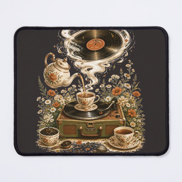 Item preview, Tea & Vinyl | Cozy Cottagecore Vintage Turntable Illustration designed and sold by Golden Era Studio.