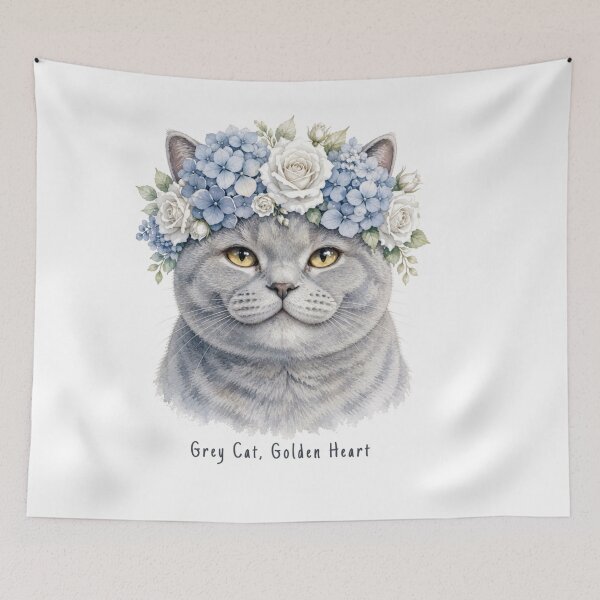 Item preview, Grey Cat Golden Heart - Watercolor British Shorthair with Blue Flower Crown designed and sold by SDKENERGY.