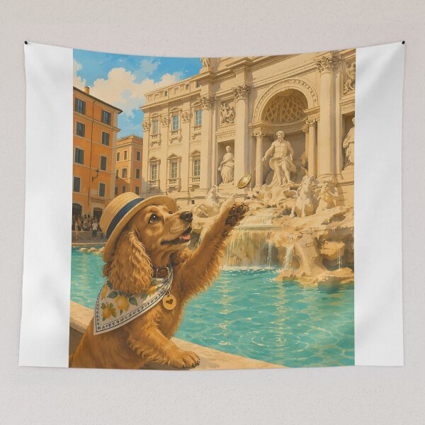 Item preview, Cocker Spaniel throwing a coin into the Trevi Fountain designed and sold by Nomad-Paws.