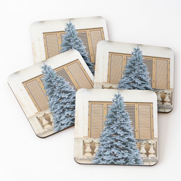 Item preview, Flocked Christmas Tree Decorated Outside Classic Stone Balcony With Wooden Shutters On Winter Day designed and sold by Nmallia.