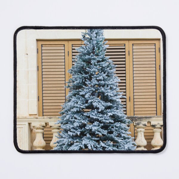 Item preview, Flocked Christmas Tree Decorated Outside Classic Stone Balcony With Wooden Shutters On Winter Day designed and sold by Nmallia.