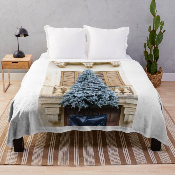 Item preview, Flocked Christmas Tree Decorated Outside Classic Stone Balcony With Wooden Shutters On Winter Day designed and sold by Nmallia.