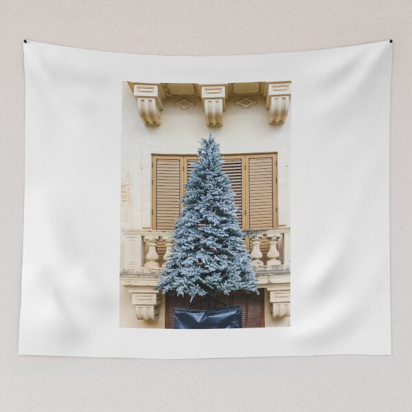 Item preview, Flocked Christmas Tree Decorated Outside Classic Stone Balcony With Wooden Shutters On Winter Day designed and sold by Nmallia.