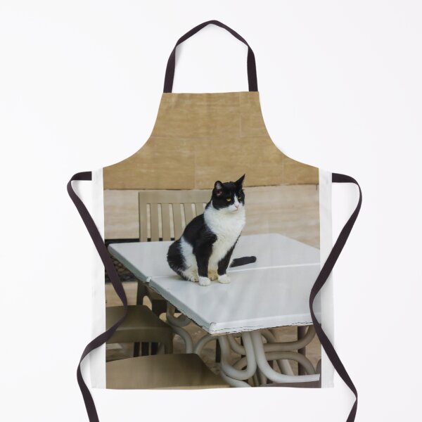 Item preview, Black and White Cat Sitting on Plastic Table Near Chairs Against Tiled Wall, Indoor Pet Portrait designed and sold by Nmallia.