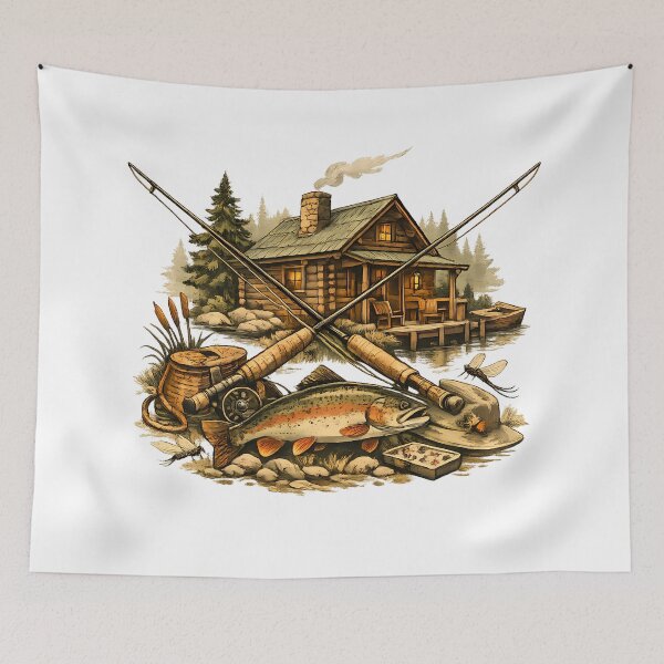 Item preview, Rustic cabin with fly fishing rods. designed and sold by Daily Quirk.