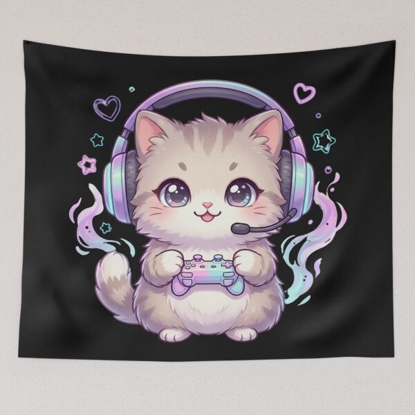 Item preview, Kawaii Gamer Cat with Headset – Cute Gaming Kitten designed and sold by Revyra Design .