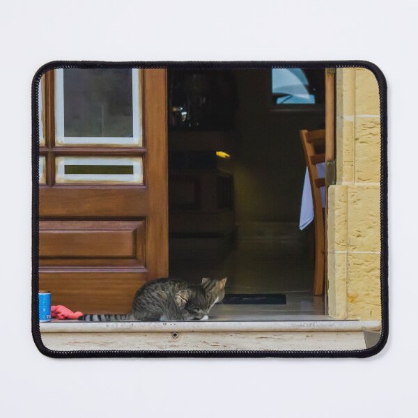 Item preview, Tabby Cat Sleeping At Open Cafe Doorway On Stone Step Outside A Small Restaurant Entrance designed and sold by Nmallia.