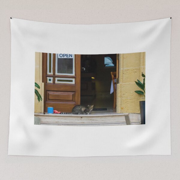 Item preview, Tabby Cat Sleeping At Open Cafe Doorway On Stone Step Outside A Small Restaurant Entrance designed and sold by Nmallia.