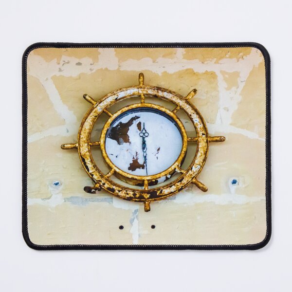 Item preview, Rusty Ship Wheel Clock Mounted On Stone Wall — Vintage Nautical Decor With Peeling Paint designed and sold by Nmallia.