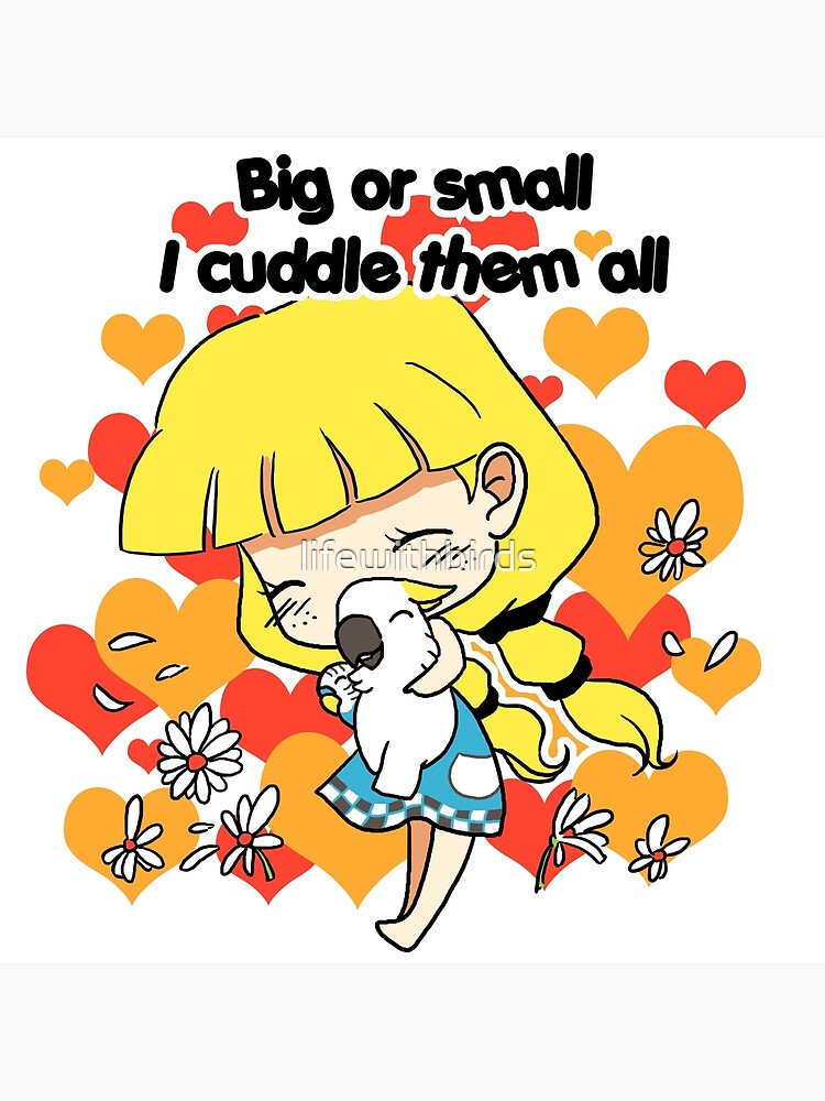 Girl Cuddling Birds Cute Cartoon Greeting Card By Lifewithbirds Redbubble