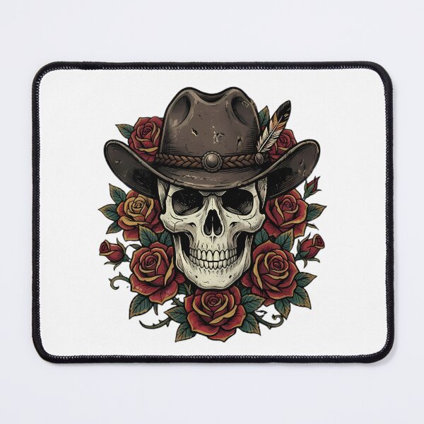 Item preview, Skull Wearing Cowboy Hat With Roses designed and sold by Linework Studio.
