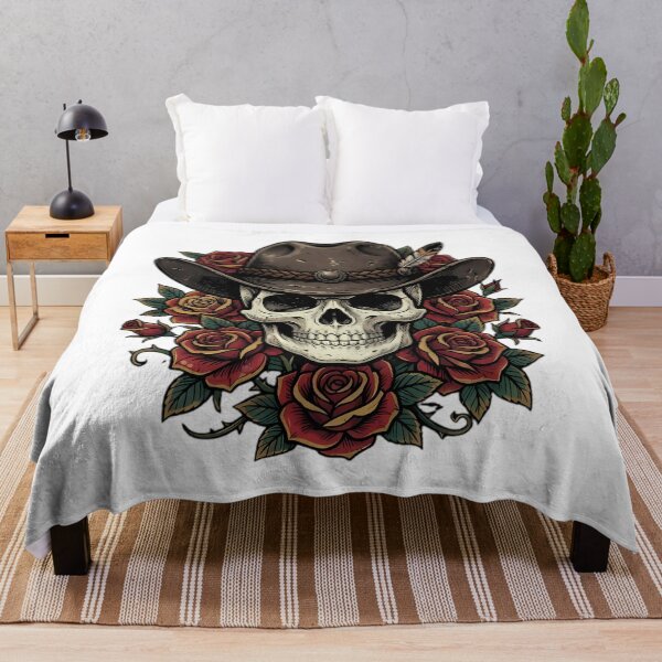 Item preview, Skull Wearing Cowboy Hat With Roses designed and sold by Linework Studio.