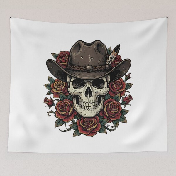 Item preview, Skull Wearing Cowboy Hat With Roses designed and sold by Linework Studio.