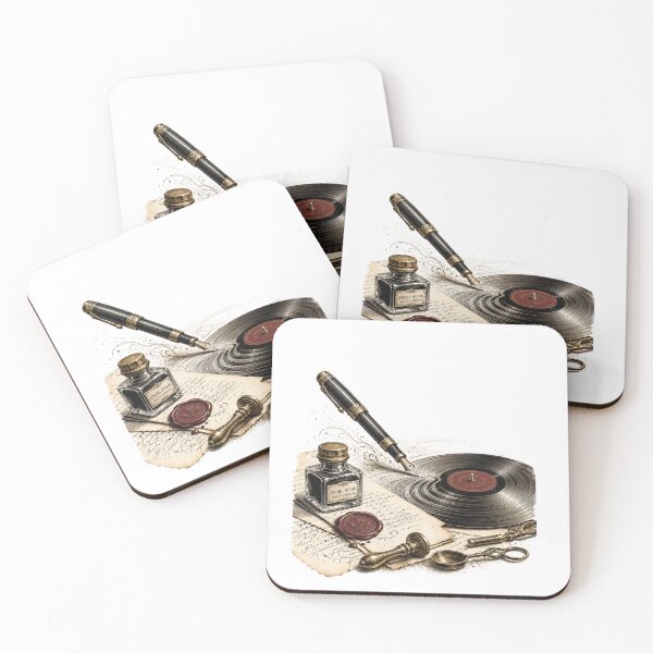 Item preview, Ink Into Grooves | Vintage Fountain Pen & Vinyl Record Illustration designed and sold by Golden Era Studio.