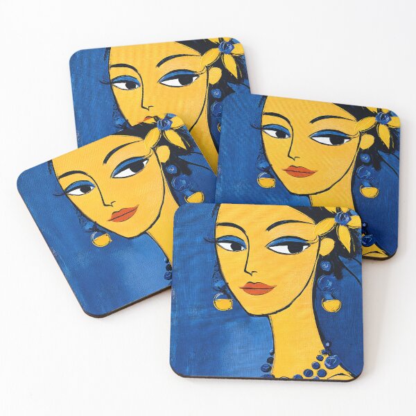 Item preview, Elegant Yellow Portrait with Blue Background designed and sold by Artessie.