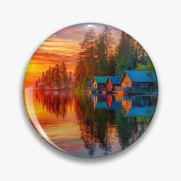 Item preview, Serene Sunset Reflection Over Lakeside Cabins designed and sold by Artessie.