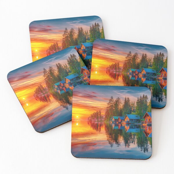 Item preview, Serene Sunset Reflection Over Lakeside Cabins designed and sold by Artessie.