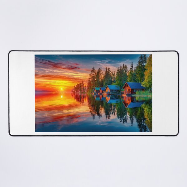 Item preview, Serene Sunset Reflection Over Lakeside Cabins designed and sold by Artessie.