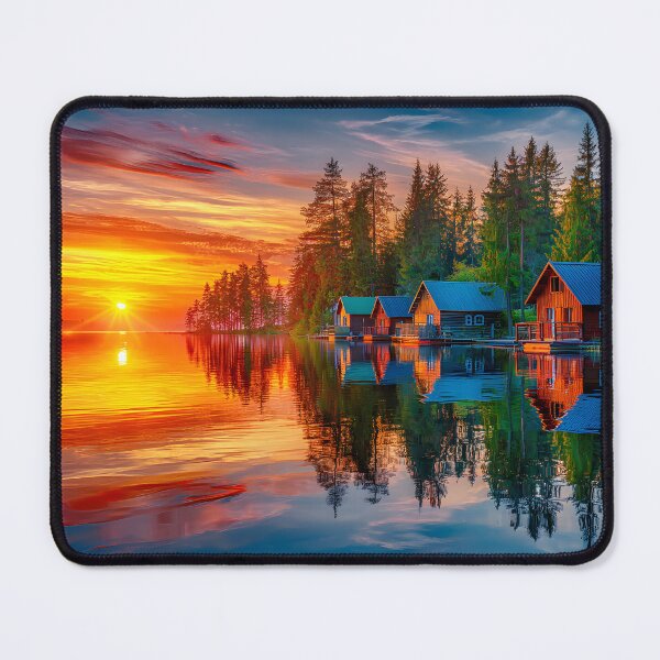 Item preview, Serene Sunset Reflection Over Lakeside Cabins designed and sold by Artessie.