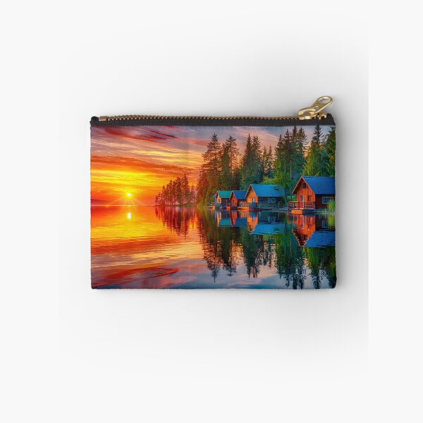 Item preview, Serene Sunset Reflection Over Lakeside Cabins designed and sold by Artessie.