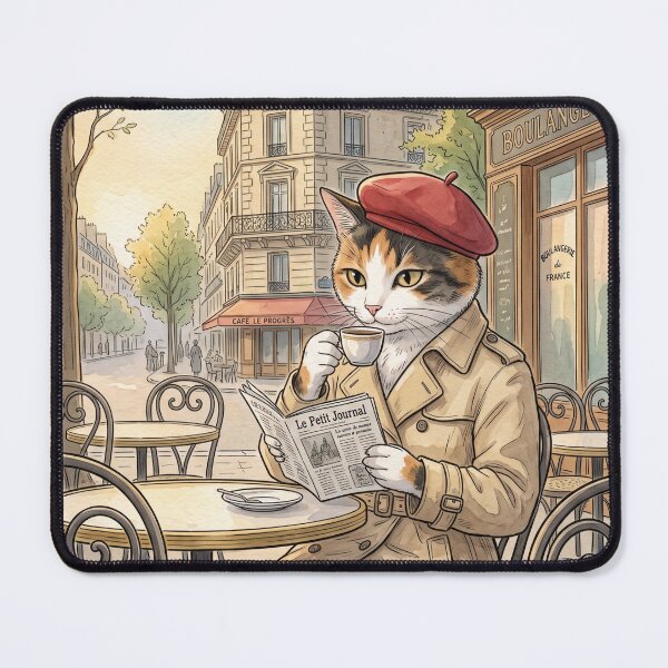 Item preview, Elegant cat in Parisian cafe vintage watercolor illustration designed and sold by TheCoolCatsMx.