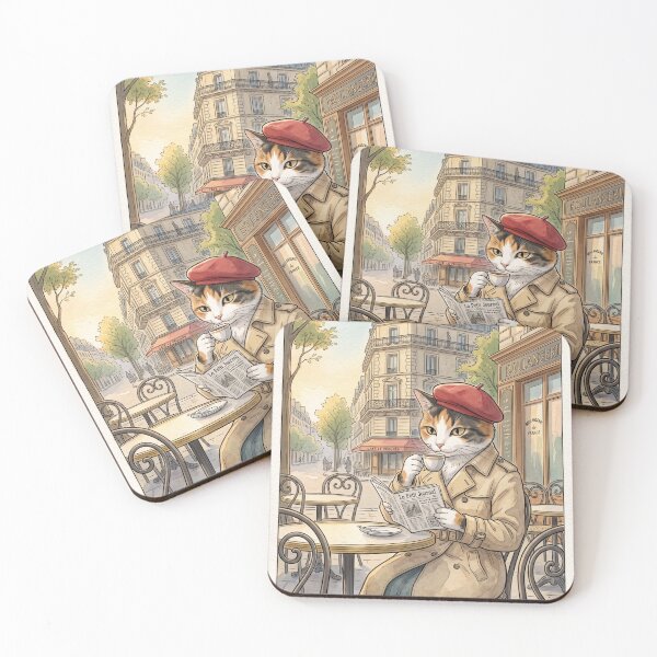 Item preview, Elegant cat in Parisian cafe vintage watercolor illustration designed and sold by TheCoolCatsMx.