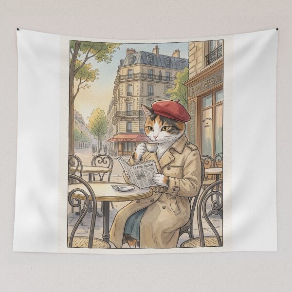 Item preview, Elegant cat in Parisian cafe vintage watercolor illustration designed and sold by TheCoolCatsMx.