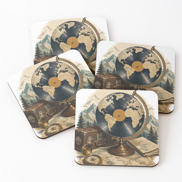 Item preview, Around the World in Grooves | Vintage Globe & Vinyl Travel Illustration designed and sold by Golden Era Studio.