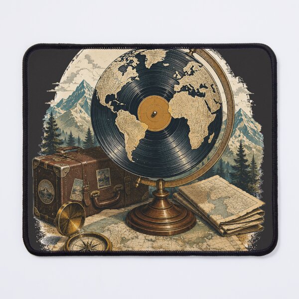 Item preview, Around the World in Grooves | Vintage Globe & Vinyl Travel Illustration designed and sold by Golden Era Studio.