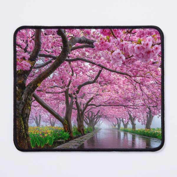 Item preview, Serene Cherry Blossom Pathway Under Foggy Skies designed and sold by Artessie.