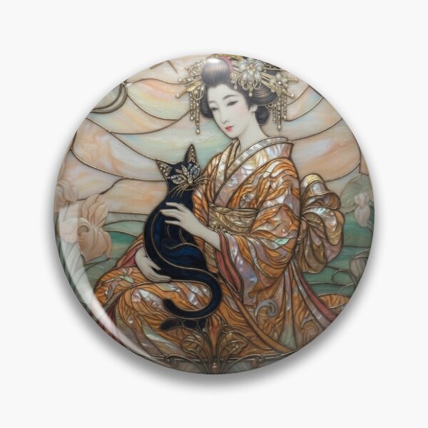Item preview, Neo Nihon-ga 夢二 着物の女性 黒猫 アールヌーヴォー・ステンドグラス風 designed and sold by misaeklm.
