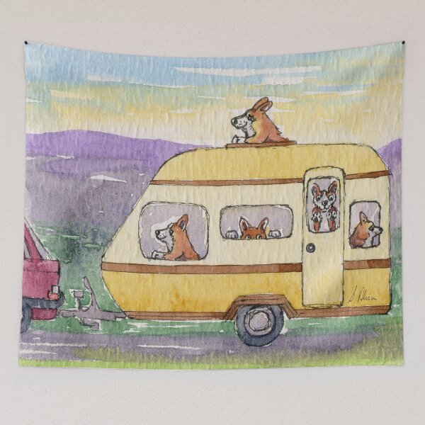 Item preview, There were off on their holidays - corgi dogs and pups in a caravan designed and sold by SusanAlisonArt.