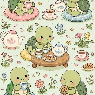 Artwork thumbnail, Turtle Spring Garden Tea Pattern by Soft Berry Studio