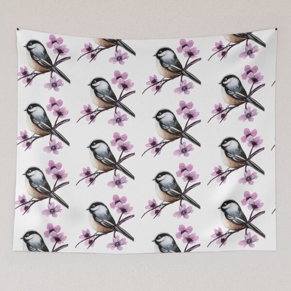 Item preview, Chickadee bird and cherry blossoms watercolour painting designed and sold by Funsize-Art.