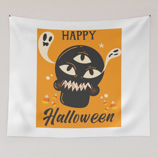 Item preview, Retro Three-Eyed Skull and Cute Ghosts Happy Halloween  designed and sold by VibranPalette.