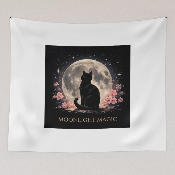 Item preview, Moonlight Magic Black Cat Aesthetic Moon & Cherry Blossom designed and sold by WonderDokkan.