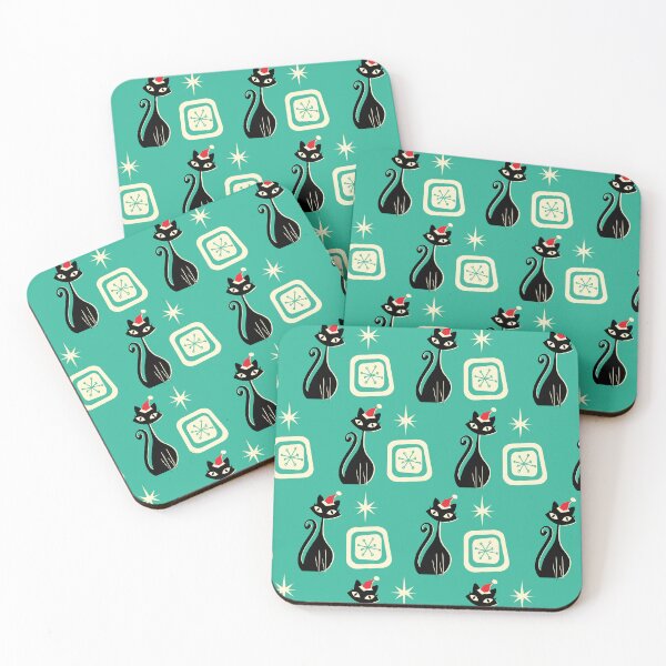 Item preview, MCM mid century modern black kitty wearing a santa hat Christmas winter pattern on teal background designed and sold by Jdawnink.