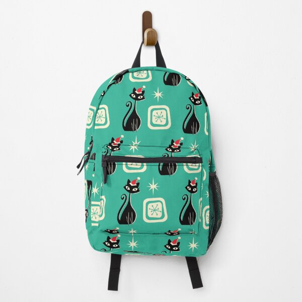 Item preview, MCM mid century modern black kitty wearing a santa hat Christmas winter pattern on teal background designed and sold by Jdawnink.